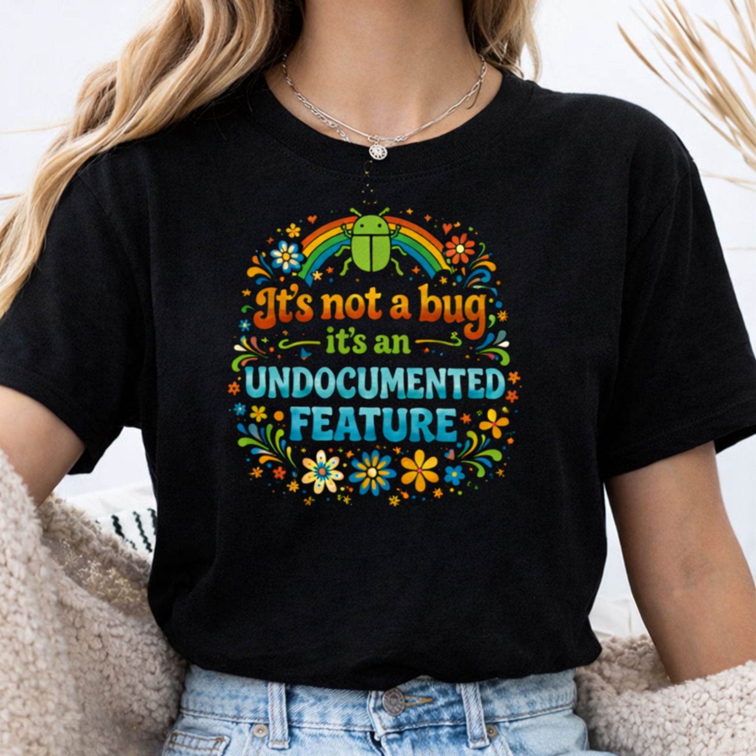 It's not a bug, it's an undocumented feature. Tech Humor T-shirt